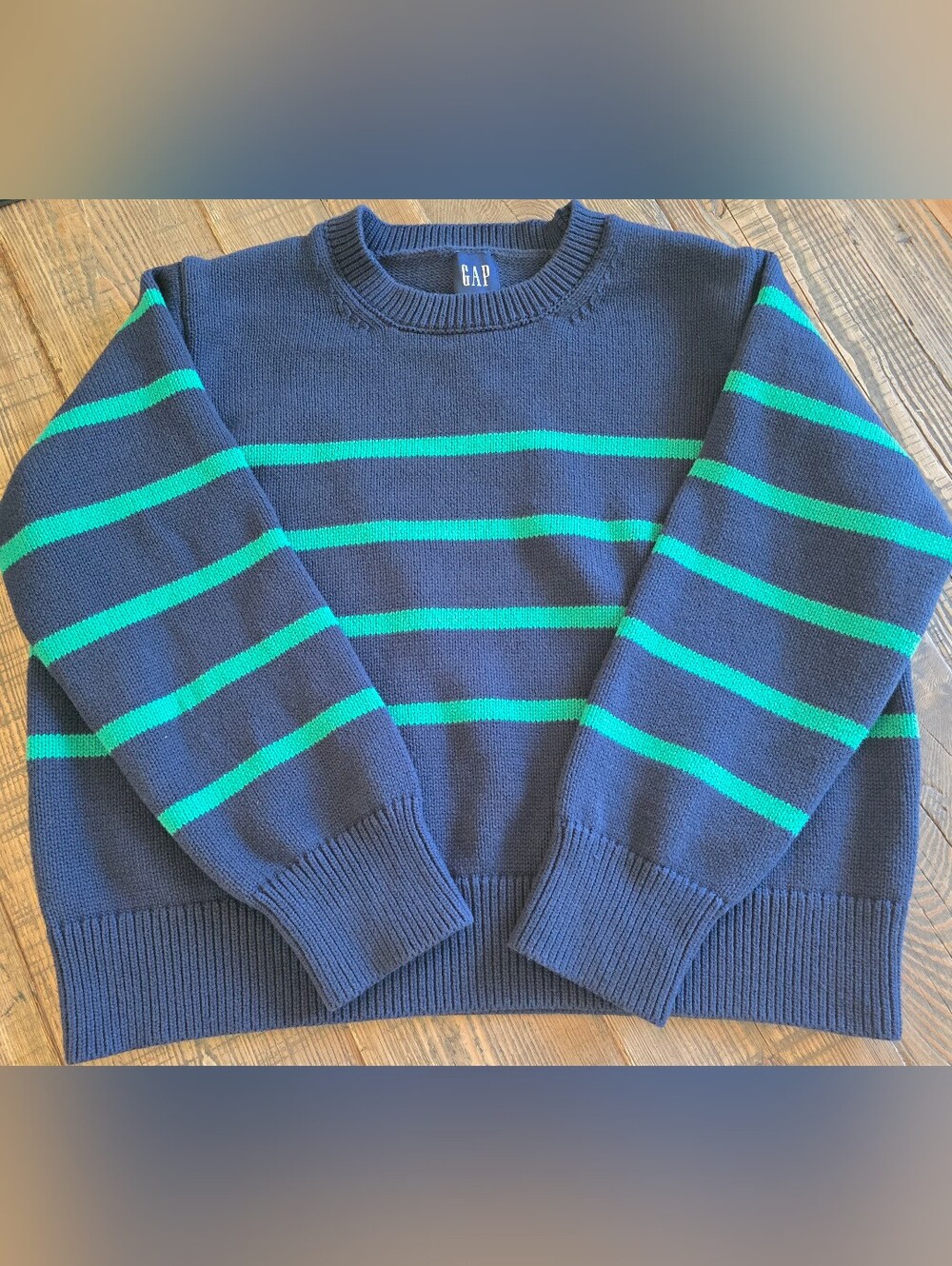 GAP Navy Crewneck Sweater with Teal Stripe Accents W XL